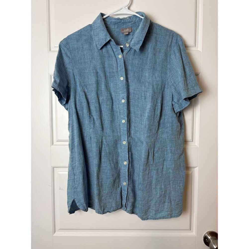 J Jill 100% Linen Shirt Large Lightweight Versatile Blue Fitted Short Sleeve